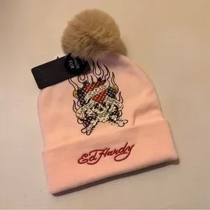 Ed Hardy Pink Tiger Rhinestone Beanie Faux Fur Pom Hat NWT NWT Ed Hardy Screaming Tiger Beanie Pink Rhinestones Faux  main image 4